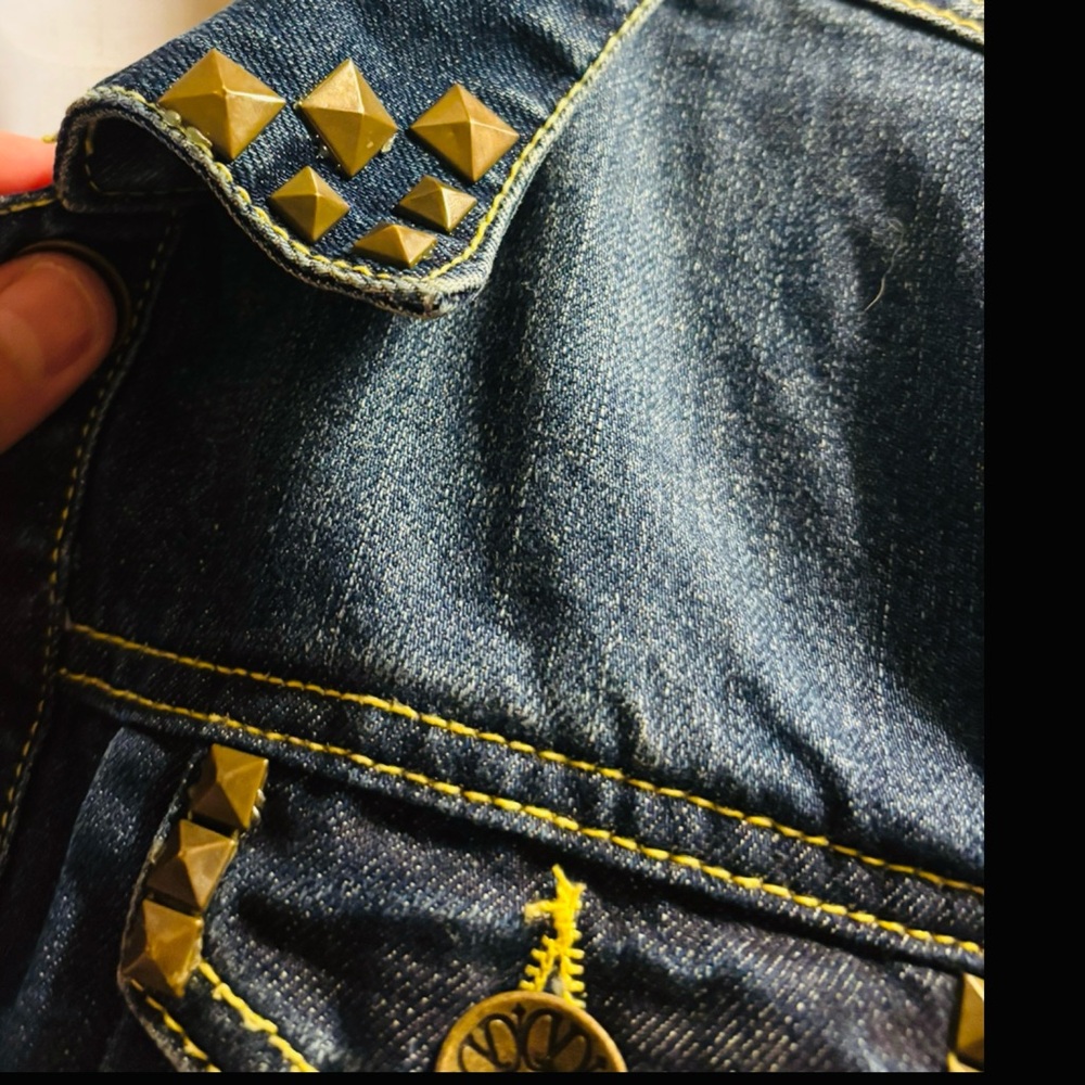Democracy Distressed Denim Jacket with Yellow Stitching and Bronze hardware EUC - Picture 5 of 11